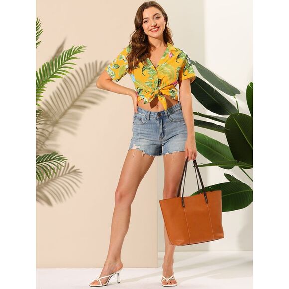 Hawaiian Shirts Floral Top Leaves Print Short Sleeve Tropical Yellow - Picture 2 of 6